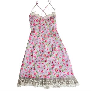 Women's Size Small Floral Print Mini Dress with Lace Details and Open Tie Back